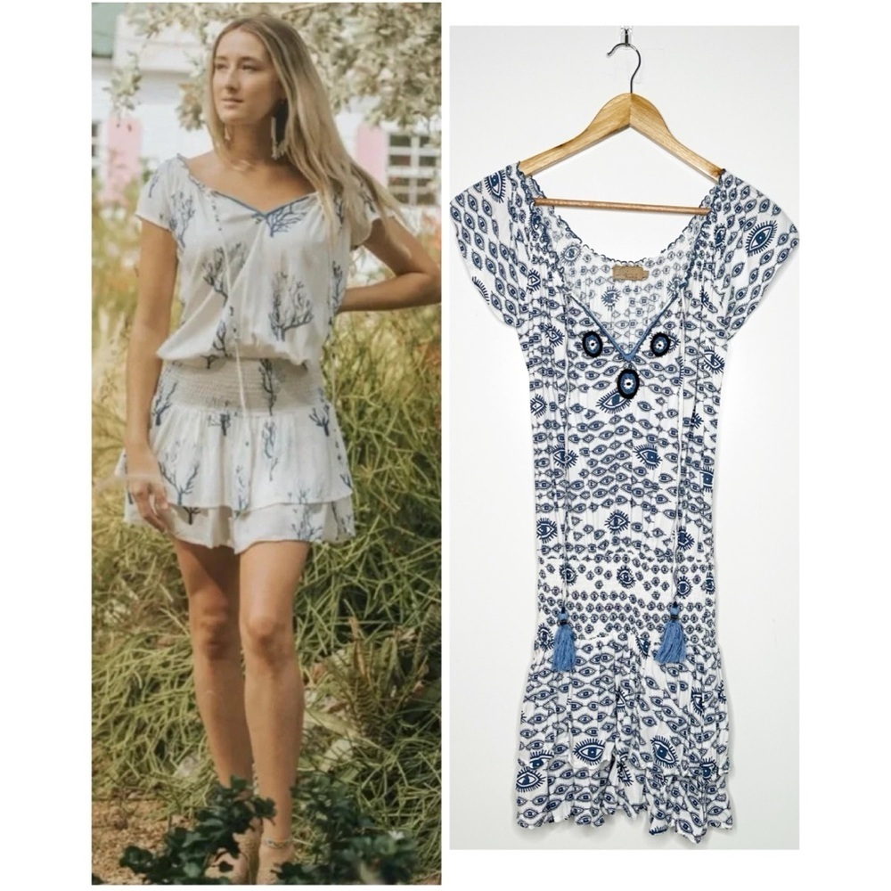 Skemo Evil Eye Boho Smocked Waist Gypsy Mini Dress In Small